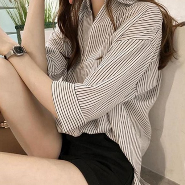 루즈핏 여성 스트라이프 셔츠 캐주얼 여성 쉬폰 블라우스 - 상품 이미지