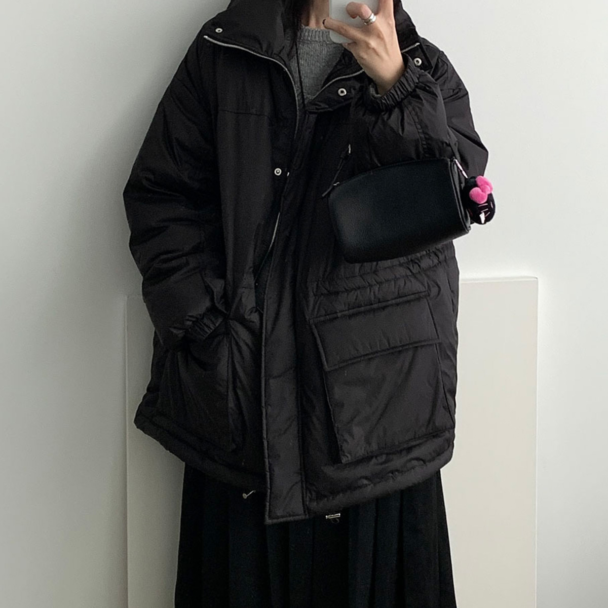 소프티 하프패딩 덕다운 안감후리스 허리스트링 가벼운 패딩 웨어링무드 (2c) - 상품 이미지