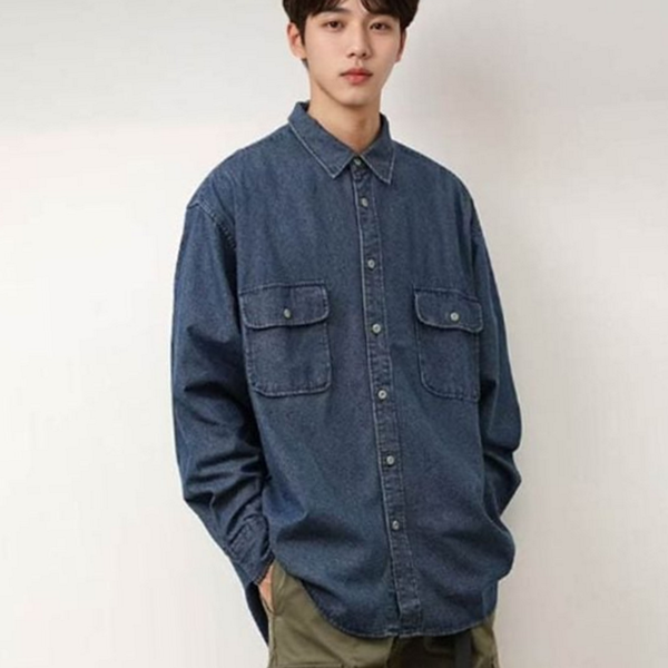 캐주얼 남성 데님 셔츠 투포켓 남성 오버핏 셔츠 단추 - 메인 이미지