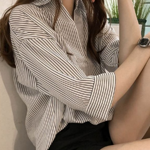 베이직 여성 브이넥 셔츠 캐주얼 여성 스트라이프 셔츠 블라우스 - 상품 이미지