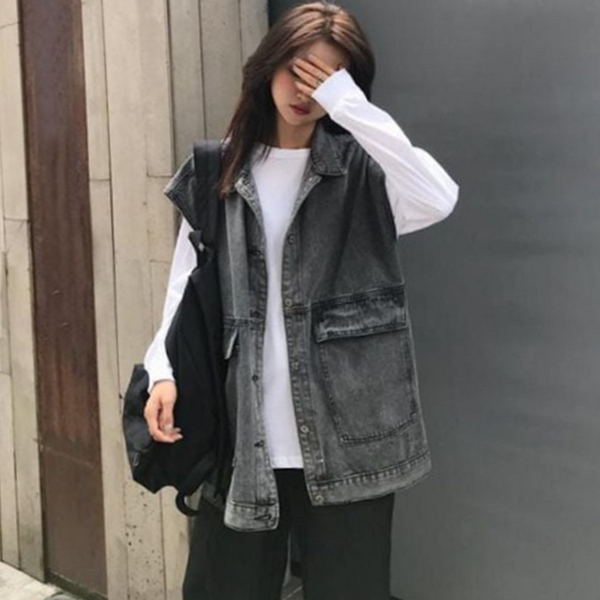 루즈핏 블랙 데님 베스트 데일리 여성 데님 베스트 캐주얼 - 메인 이미지