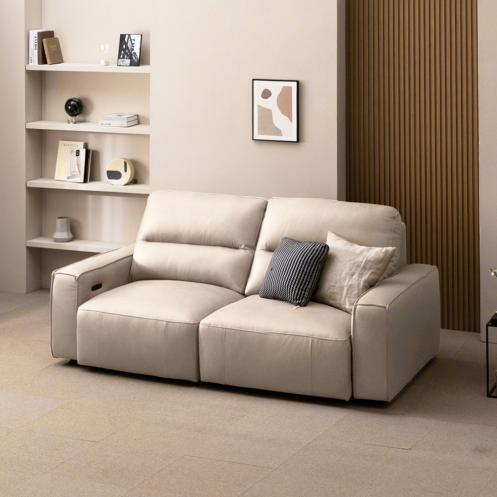 [NEW COLOR] 헤르짐머 메이븐 전동 리클라이너 슬라이드 모션 베드 천연 가죽 소파 스툴미포함, 아이보리, 3인용