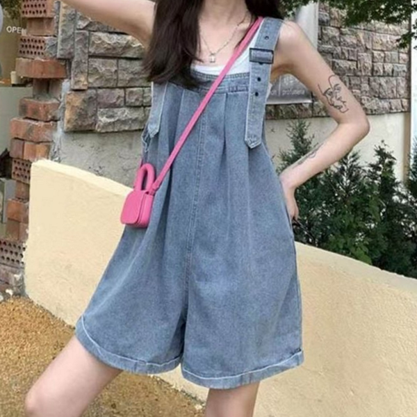루즈핏 여성 데님 멜빵 캐주얼 여성 와이드 멜빵 데일리 - 상품 이미지
