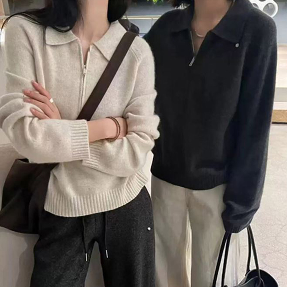 여성 캐주얼 티셔츠 간절기 여자 심플 패션 반집업 스웨터 - 상품 이미지