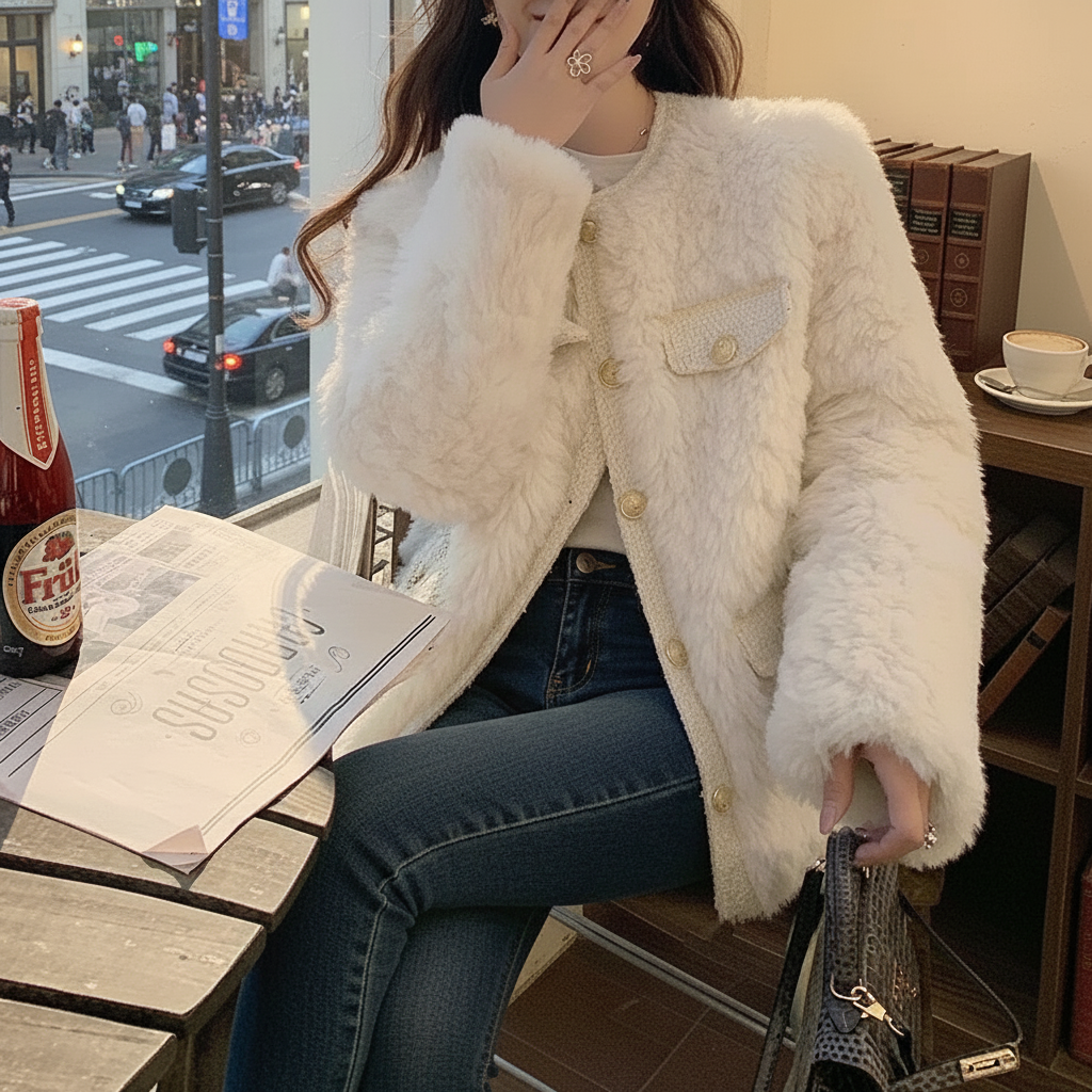 금장 퍼자켓 트위드믹스 페이크퍼 안감누빔자켓 - 상세 이미지 2