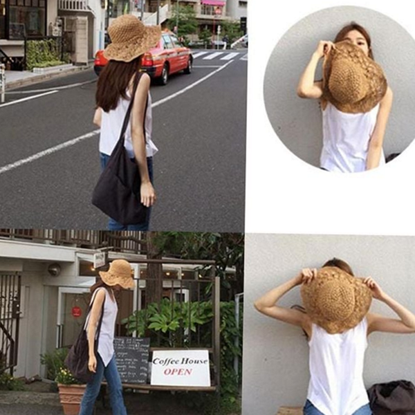 접이식 밀짚 모자 핸드메이드 여름 모자 리조트 휴가철 - 상품 이미지