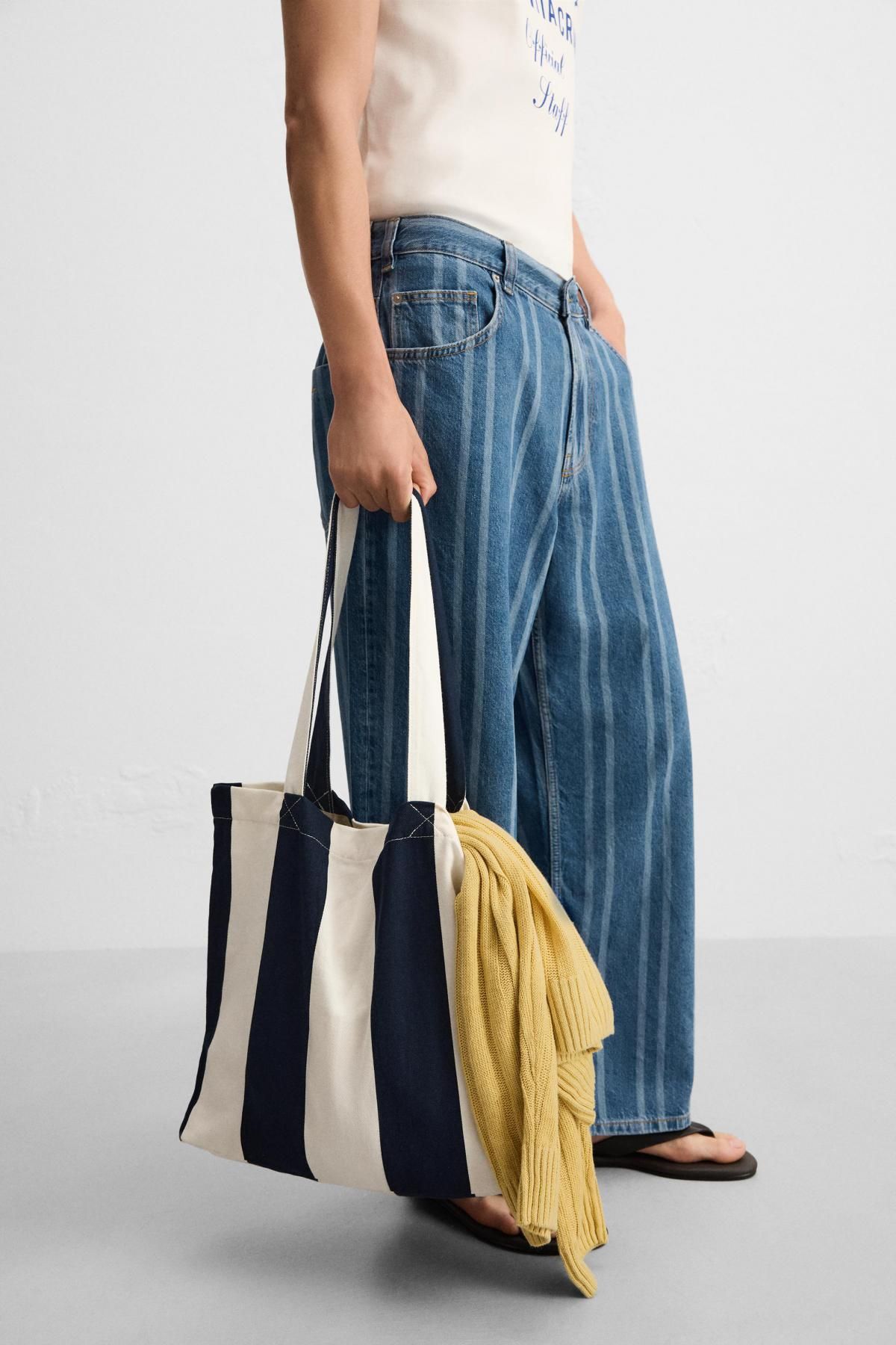 자라 스트라이프 캔버스 에코 토트백 WOVEN SHOPPER BAG 3306/620 BLUE - 상세 이미지 3