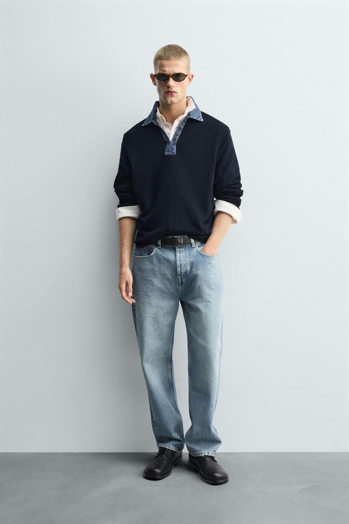 자라 데님카라 콤비 테크니컬 니트 긴팔 폴로셔츠 6674/325 NAVY BLUE - 상세 이미지 2