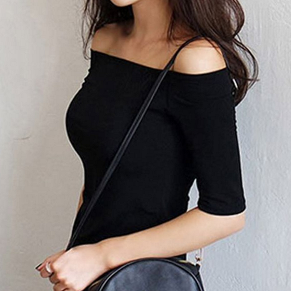 데일리 여성 오프숄더 티셔츠 캐주얼 여성 오프숄더 상의 라운드 - 상품 이미지