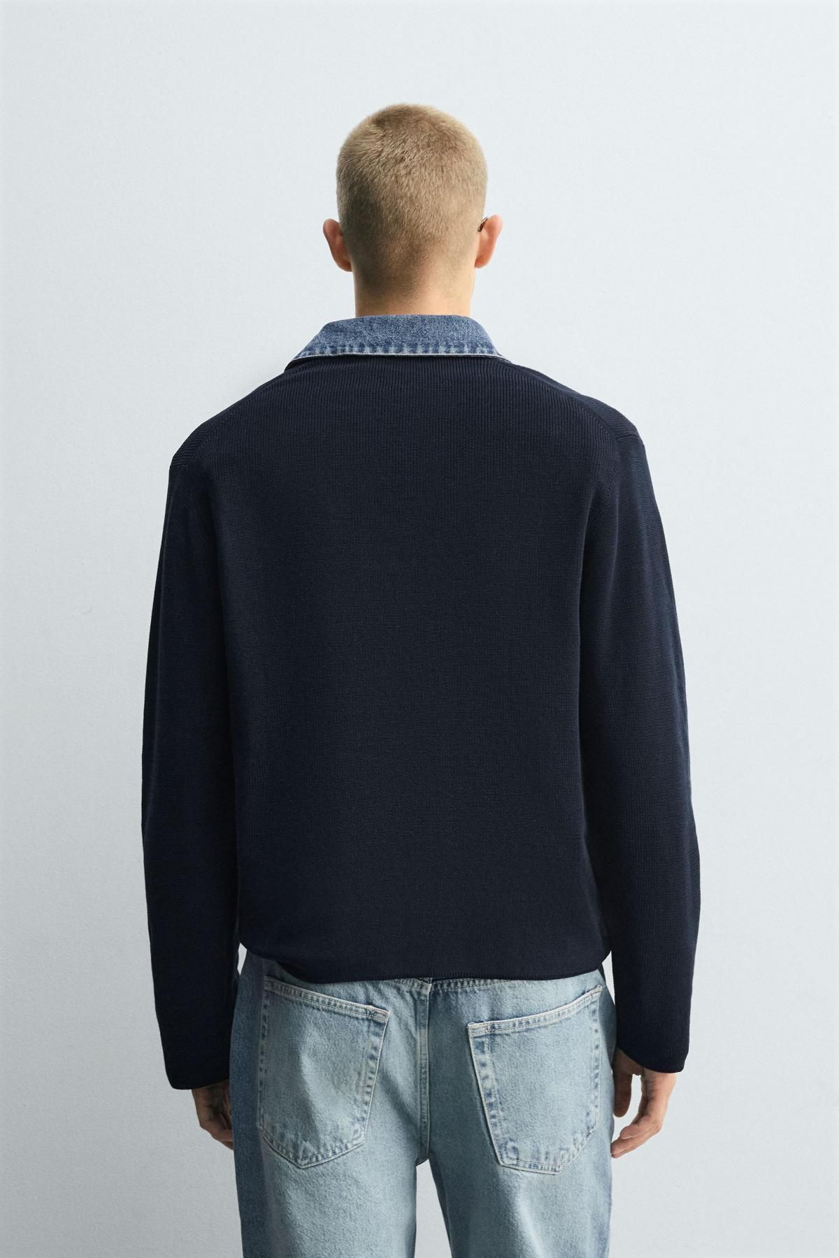 자라 데님카라 콤비 테크니컬 니트 긴팔 폴로셔츠 6674/325 NAVY BLUE - 상세 이미지 4