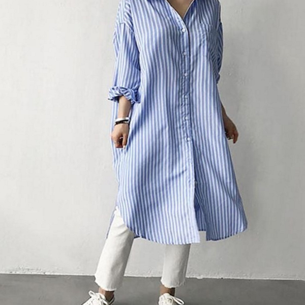 루즈핏 여성 스트라이프 롱 셔츠 데일리 블루 롱 셔츠 - 상품 이미지