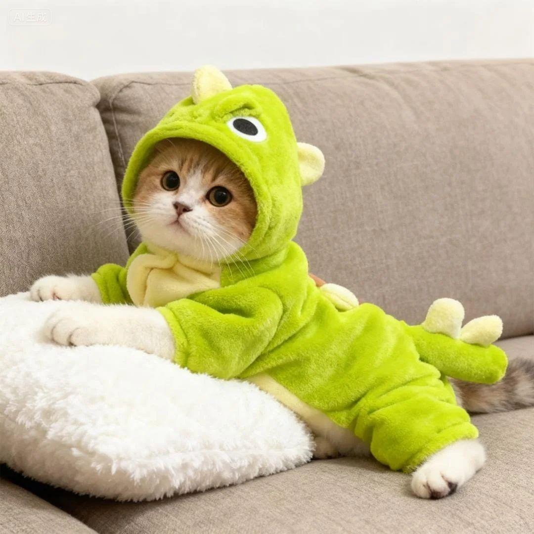 고양이 플란넬 후드티 두꺼운 겨울용 애완동물 옷 가을 큰 눈 공룡 의상 견인버클포함 XS 0.5~1.5kg - 상품 이미지
