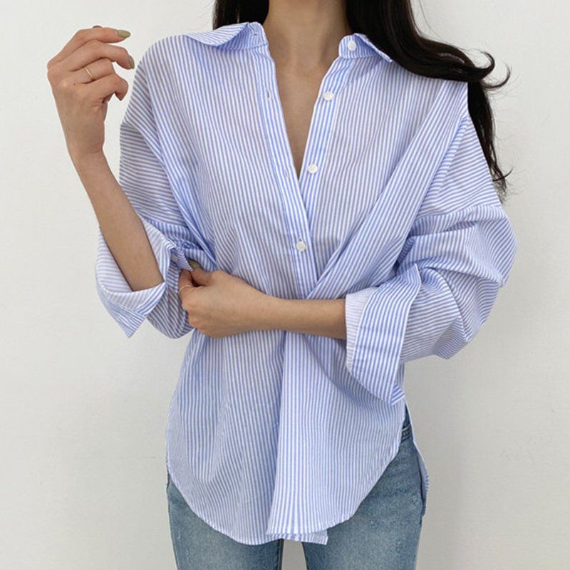 여성 라펠 스트라이프 셔츠 캐주얼 느슨한 긴팔 bying24 - 상세 이미지 3