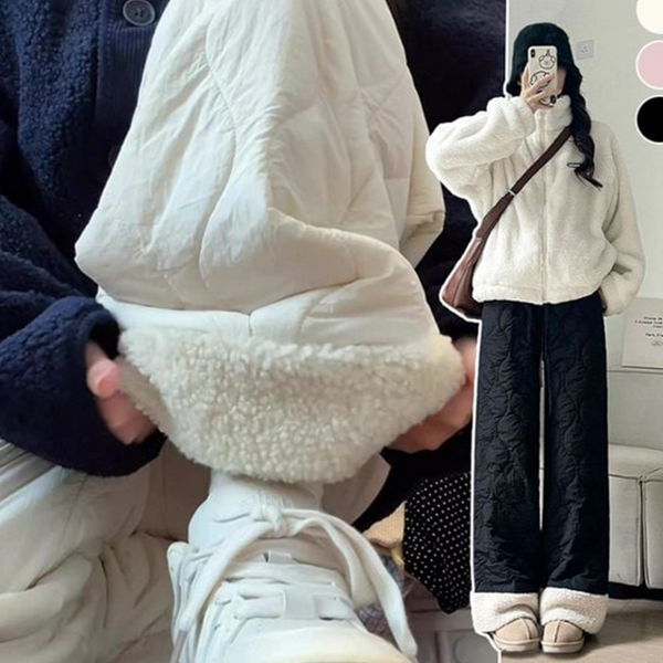 와이드 여성 겨울 팬츠 여자퍼 여성 기모 팬츠 밴딩 누빔 - 상품 이미지