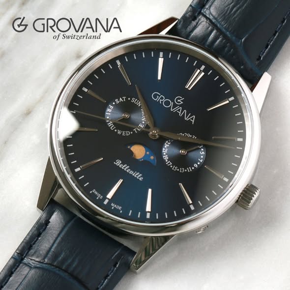 그로바나 벨빌 문페이즈 블루 다이얼 가죽 42mm - 상세 이미지 4