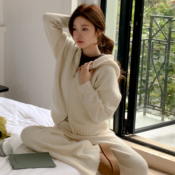 [울함유] 후드 집업 밴딩 와이드 팬츠 니트 세트 st2999 제품 이미지