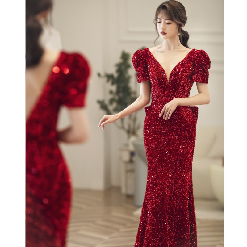 연말파티드레스 이브닝파티 레드드레스 송년회 연말 웨딩 연주회 버건디 콩쿨 - 상세 이미지 5