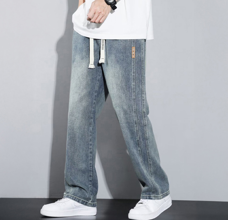 남자 데님 바지 빈티지 스트링 허리밴딩 워싱 일자 루즈핏 가을 팬츠 XL 3XL 5XL - 상세 이미지 4