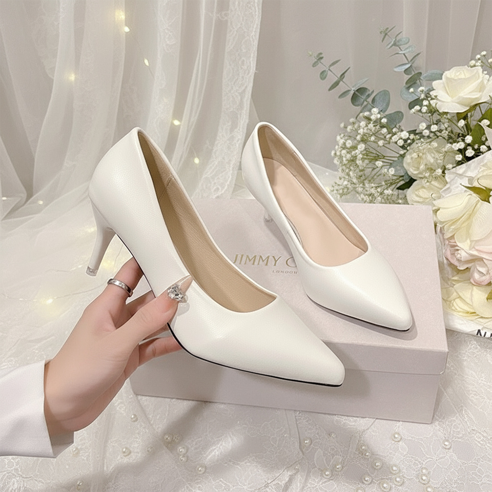 좋으니 빅사이즈 발편한 스틸레토 화이트 미들힐 펌프스 웨딩슈즈 3cm 5cm 255 260 265 - 상품 이미지