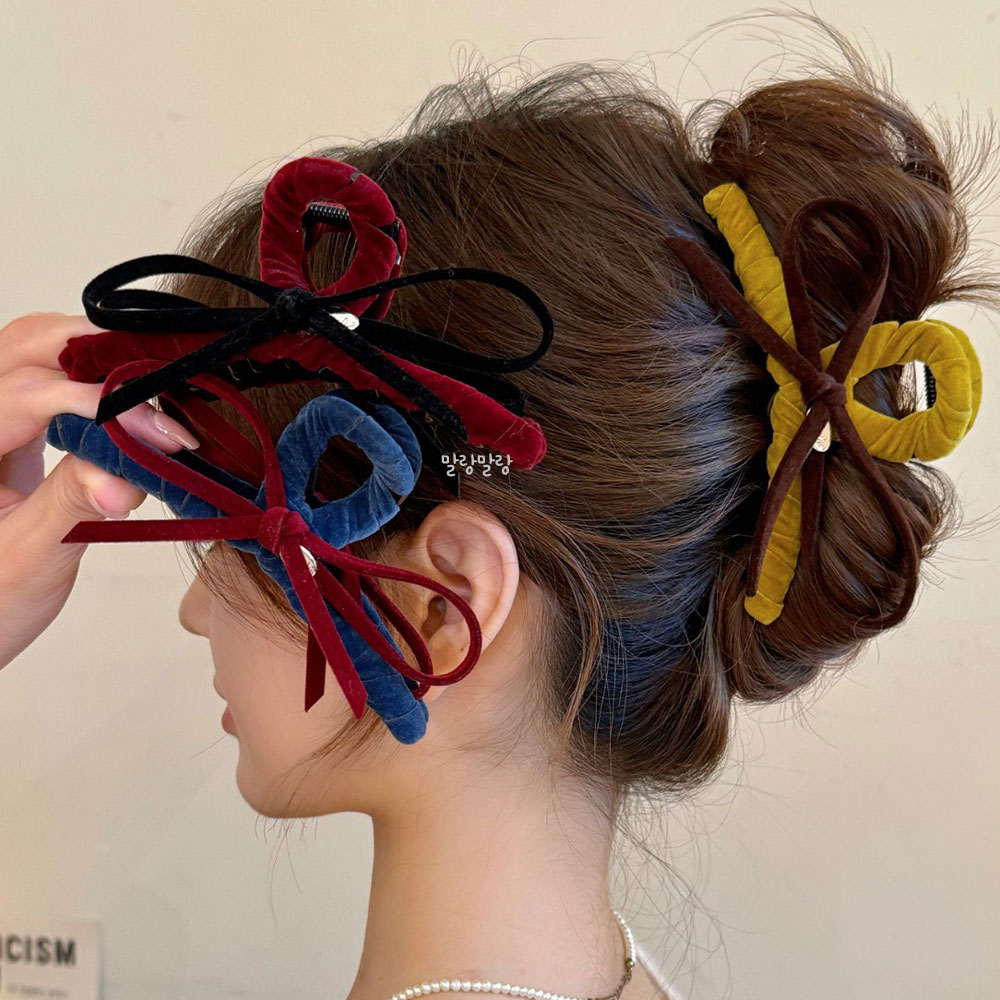 벨벳 리본집게핀 숱많은 올림머리 겨울머리핀 - 상품 이미지