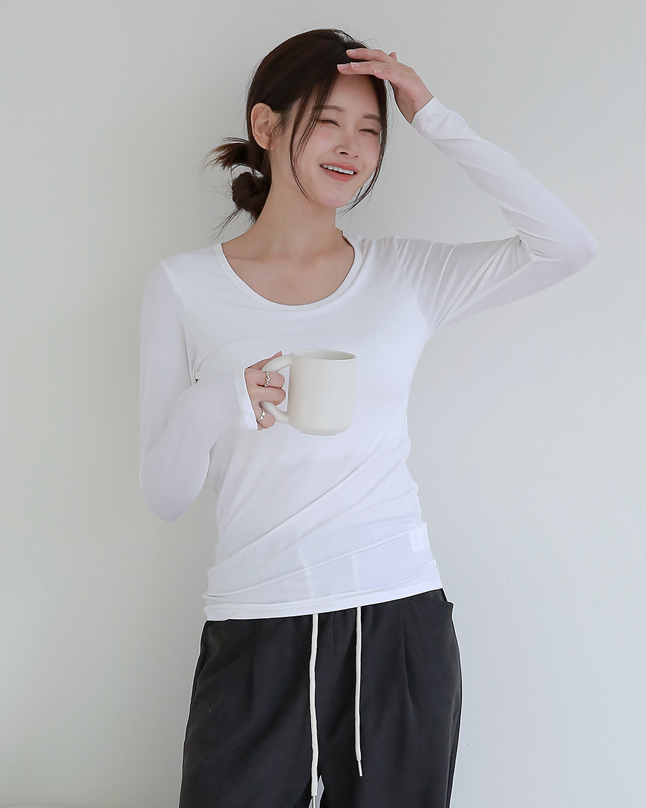 DDO 히트앤웜 노브라 캡내장 모달 발열 여성 긴팔 내의 상의 슬림핏 겨울 브라탑 - 상세 이미지 2