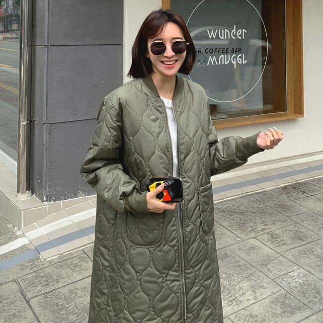 여성경량롱패딩 점퍼 루즈핏 스타일 깔깔이 트렌치 후드 퀼팅 누빔 구스다운 양털 카라 - 상세 이미지 2