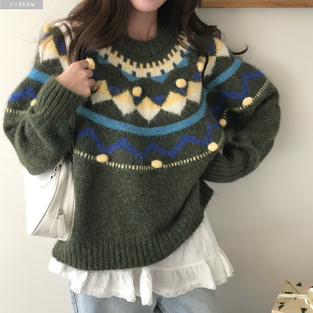 닷지 자가드 폼폼 기하학 오버핏 하프 울 니트 2col 겨울 봄 아가일 레트로 제이플로우 - 상세 이미지 4