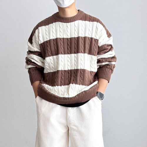 코지 스트라이프 케이블 오버핏니트 - 상세 이미지 3