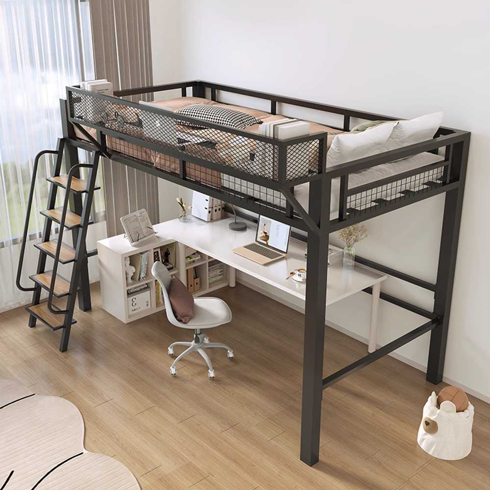 2층 벙커침대 철제 프레임 공간활용 자녀방 성인 1000x2000mm 블랙(우측+선반 포함) - 상품 이미지
