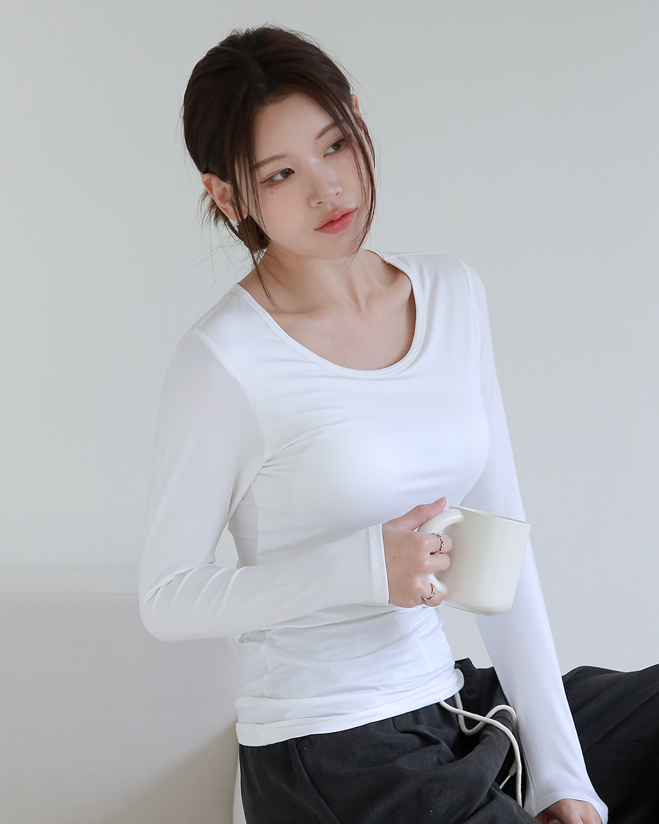 DDO 히트앤웜 노브라 캡내장 모달 발열 여성 긴팔 내의 상의 슬림핏 겨울 브라탑 - 상세 이미지 4