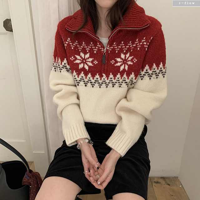 워더 페어아일 눈꽃 아노락 울 니트 집업 2col 겨울 봄 루즈핏 카라넥 하프 제이플로우 - 상세 이미지 3