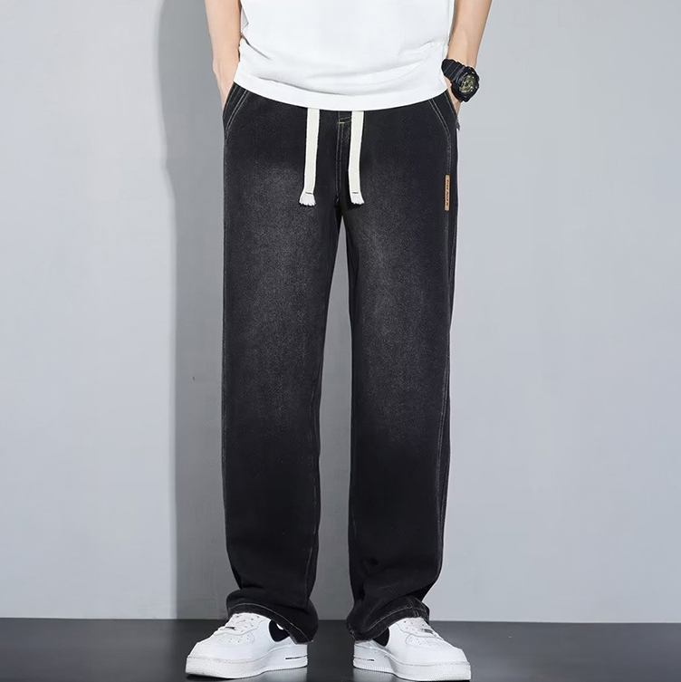 남자 데님 바지 빈티지 스트링 허리밴딩 워싱 일자 루즈핏 가을 팬츠 XL 3XL 5XL - 상세 이미지 5
