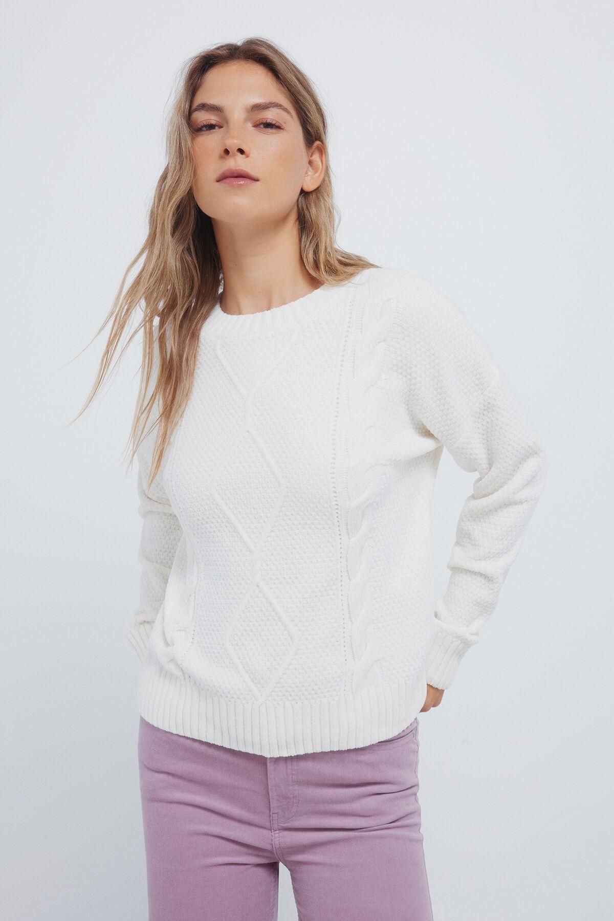 스프링필드 케이블 니트 라운드넥 화이트 셔닐 스웨터 1332617 NUDE - 상품 이미지