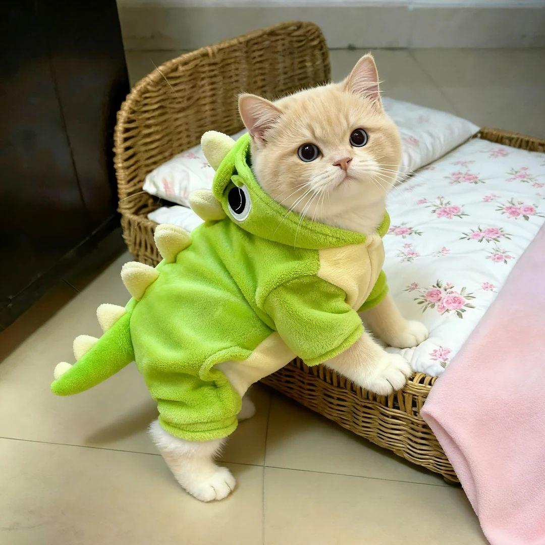 고양이 플란넬 후드티 두꺼운 겨울용 애완동물 옷 가을 큰 눈 공룡 의상 견인버클포함 XS 0.5~1.5kg - 상세 이미지 3