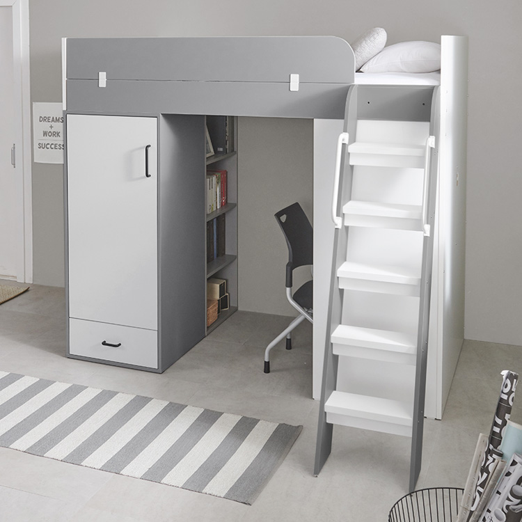 e스마트 올인원 2층 성인 옷장형 벙커침대 세트SS+LED스탠드포함