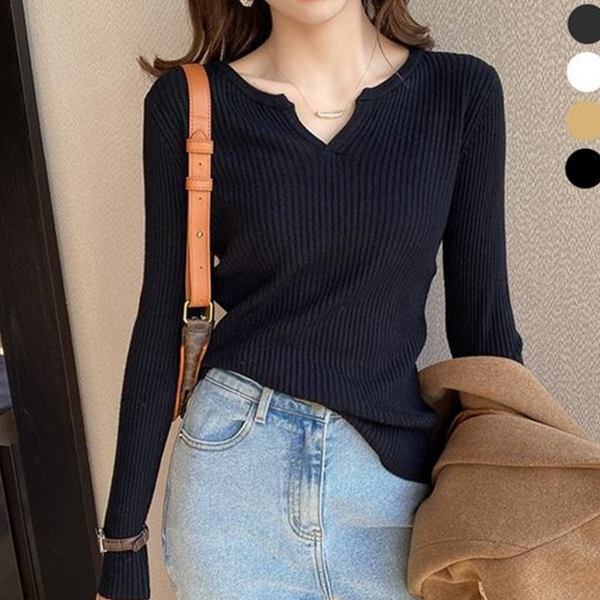 슬림핏 여성 긴 팔 티셔츠 골지 여성 브이넥 티셔츠 데일리 - 상품 이미지