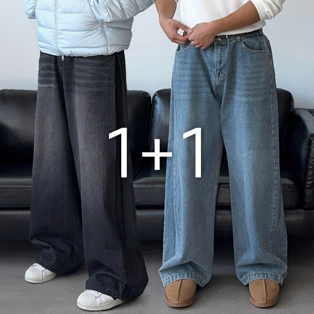 1+1 남자와이드청바지 남자흑청바지 벌룬데님 - 상품 이미지