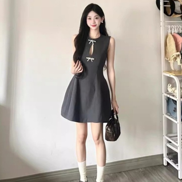 리본원피스 트임 핀턱 민소매 배색 나시롱원피스 트위드 패딩 블라우스 타이 플레어 뷔스티에 - 상세 이미지 3