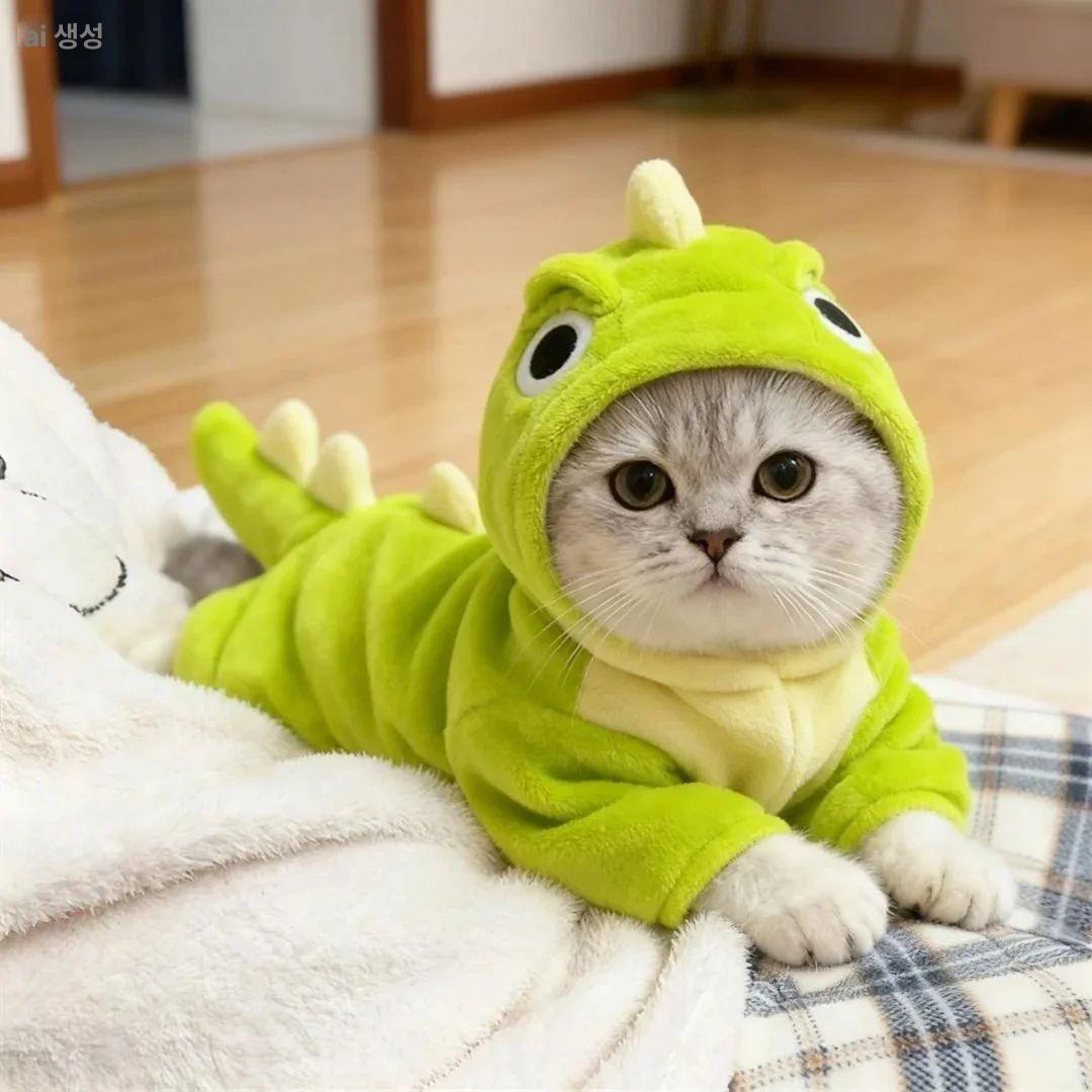 고양이 플란넬 후드티 두꺼운 겨울용 애완동물 옷 가을 큰 눈 공룡 의상 견인버클포함 XS 0.5~1.5kg - 상세 이미지 2