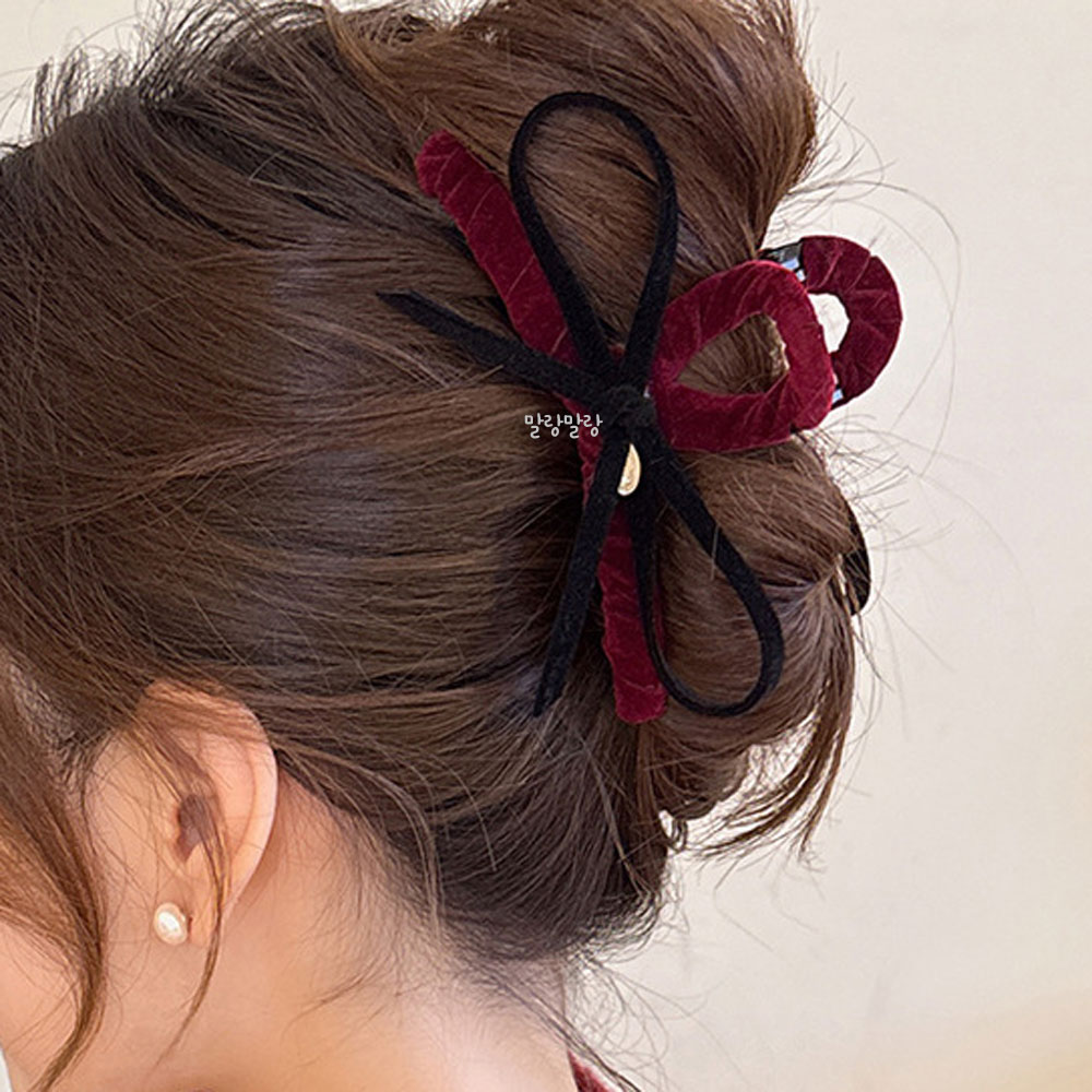 벨벳 리본집게핀 숱많은 올림머리 겨울머리핀 - 상세 이미지 5
