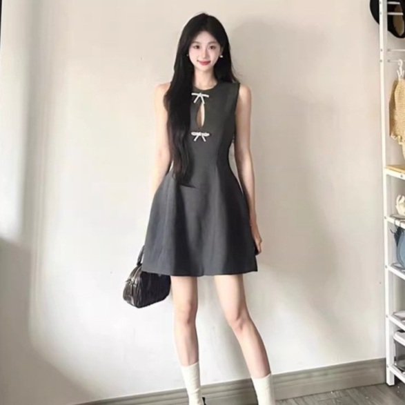 리본원피스 트임 핀턱 민소매 배색 나시롱원피스 트위드 패딩 블라우스 타이 플레어 뷔스티에 - 상품 이미지
