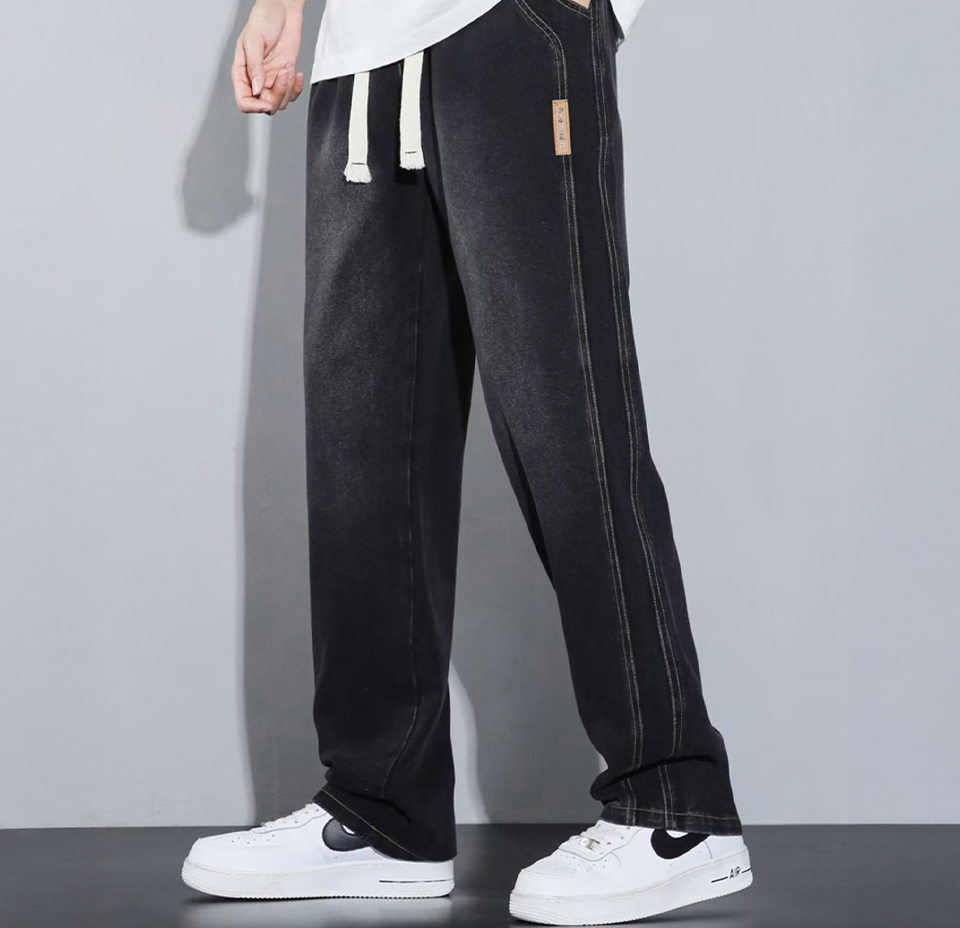 남자 데님 바지 빈티지 스트링 허리밴딩 워싱 일자 루즈핏 가을 팬츠 XL 3XL 5XL - 상세 이미지 3