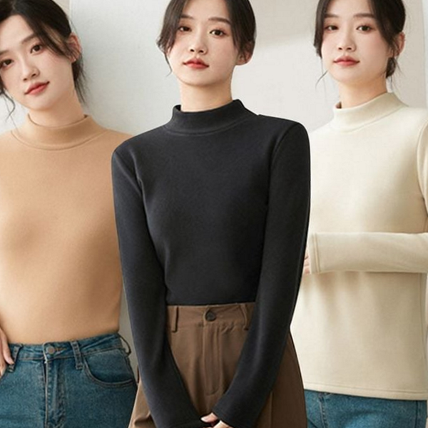 하프넥 여성 기모 티셔츠 베이직 여성 반목 티셔츠 목폴라 스판 - 상품 이미지