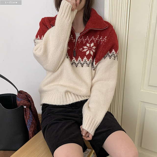 워더 페어아일 눈꽃 아노락 울 니트 집업 2col 겨울 봄 루즈핏 카라넥 하프 제이플로우 이미지 7