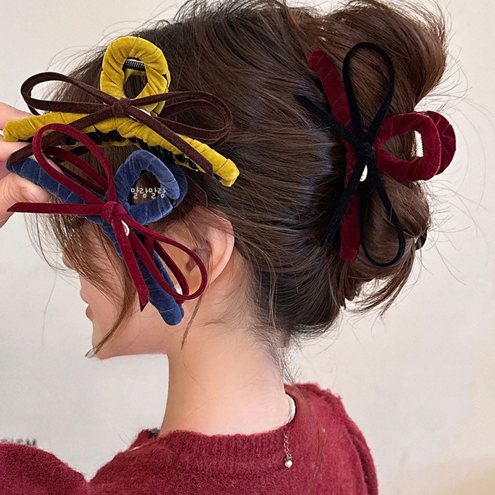 벨벳 리본집게핀 숱많은 올림머리 겨울머리핀 - 상세 이미지 4