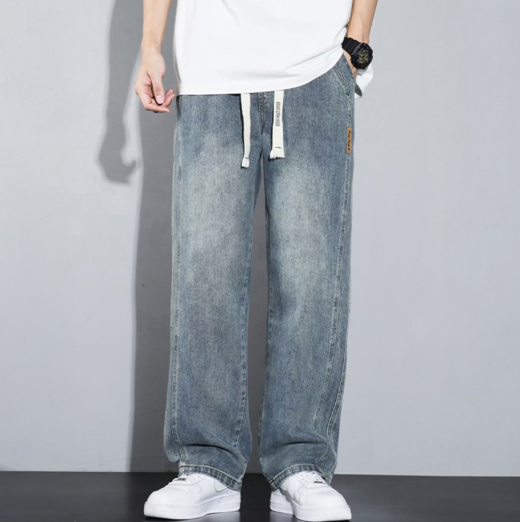 남자 데님 바지 빈티지 스트링 허리밴딩 워싱 일자 루즈핏 가을 팬츠 XL 3XL 5XL - 상세 이미지 2