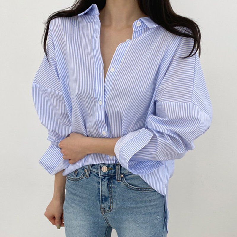 여성 라펠 스트라이프 셔츠 캐주얼 느슨한 긴팔 bying24 - 상세 이미지 5