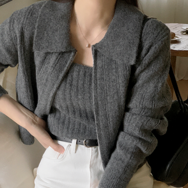 (울함유나시+집업세트) 골지 슬리브리스 투웨이 카라 집업 세트 st2752 제품 이미지