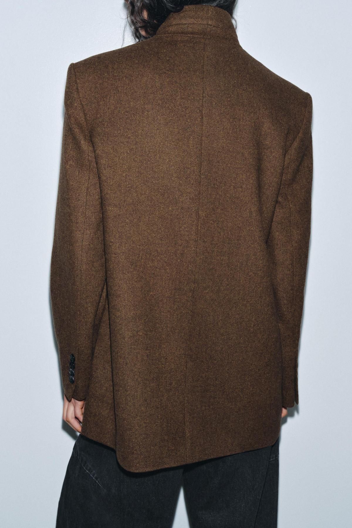 자라 헤링본 울블렌드 스탠드업카라 테일러드 재킷 3736/258 BROWN - 상세 이미지 4