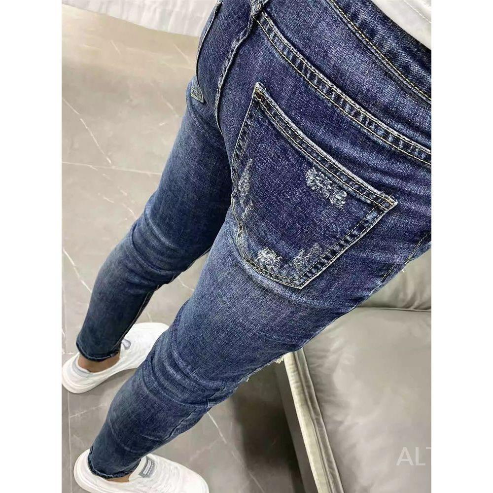슬림핏 스판 팬츠 찢어진 남자 스키니진 워싱 9부 데님 블루 긴 바지 27 - 상세 이미지 3